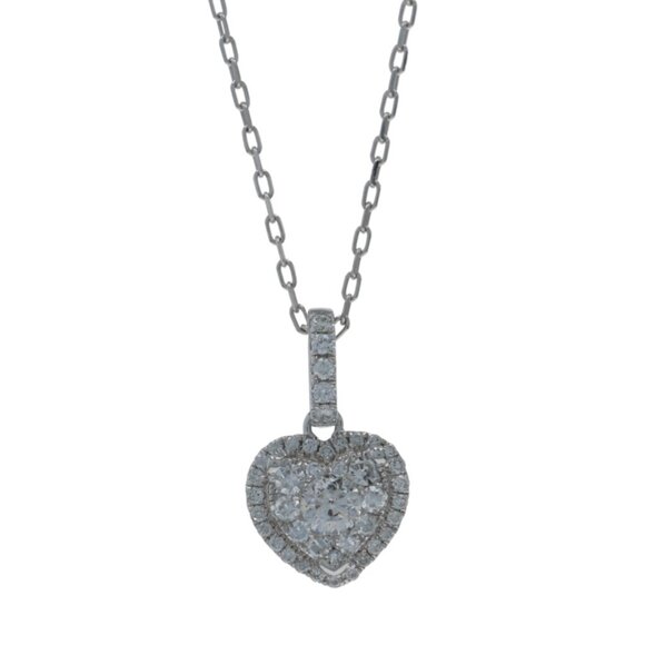 White Gold Diamond Heart Cluster Halo Necklace 18 1/4